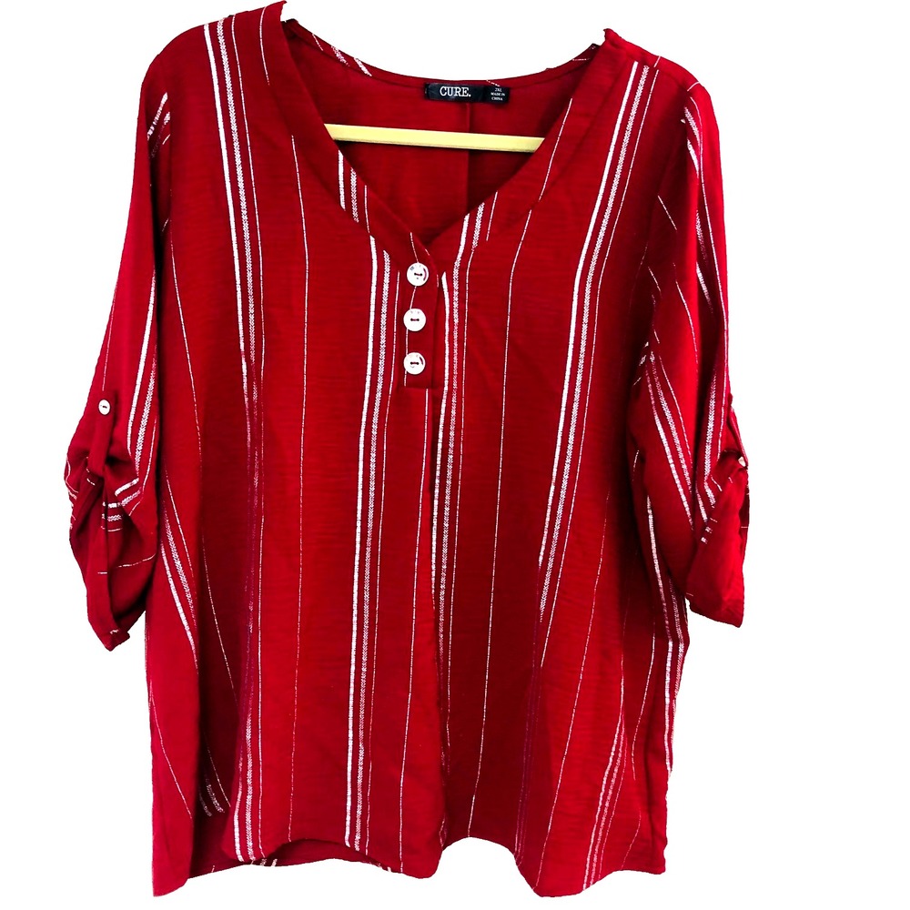 Cure Tunic Top Womens Red Silver Metallic Size 2X Roll Tab Relax Office Feminine